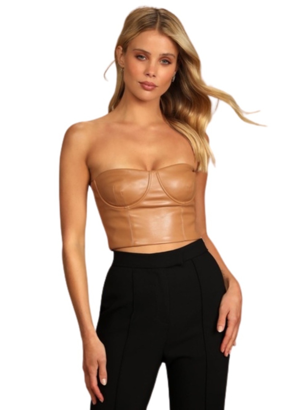 NEW Lulus Date Night Pick Vegan Leather Bustier Strapless Crop Top Tan Medium - Picture 6 of 12
